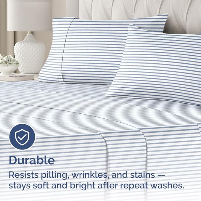 Queen Pillow Cases Set of 4 - Ultra Soft Hotel Quality Pillowcase Covers - Comfy, Cozy & Wrinkle Free - Shrinkage and Fade Resistant - Machine Washable Pillow Protectors - 4 Piece Set - Blue Stripes 2