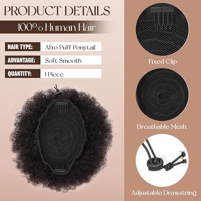 Afro Puff Ponytail for Black Women #1B Natural Black 4 Inch 4c Human Hair Durable Natural Soft and Smooth Kinky Curly Clip On Drawstring Ponytail
