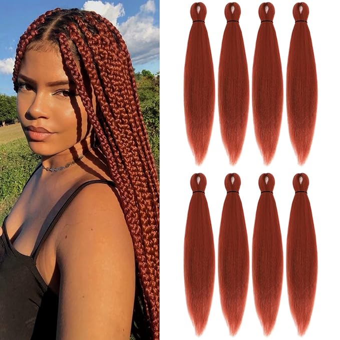 Pre-stretched Braiding Hair - 18 Inch 8 Packs Orange Copper Braiding Hair For Twist or Box Braids, Yaki Texture Hot Water Setting Synthetic Braiding Hair Extensions (18 Inch, 350#-8P)