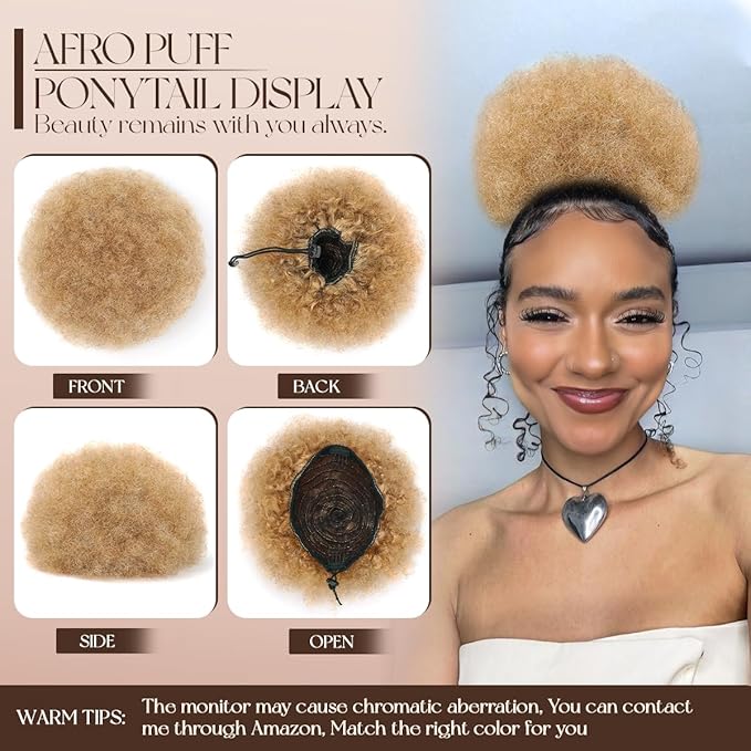 Afro Puff Extension for Black Women #18 Ash Blonde Brazilian Virgin Human Hair Durable Natural Soft and Smooth Retro Kinky Curly Ponytail Wig