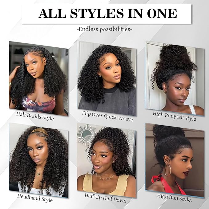 22 Inch Half Wig Human Hair 250% Density Kinky-Curly Glueless Wigs Human Hair Intall Flexible 3 In 1 Half Wig Adjustable String Flip Over Seamless Invisilbe Hairline Beginner Friendly