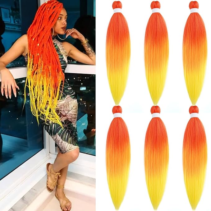 Ombre Braiding Hair Pre Stretched Red Orange Yellow Braids Color Weave Pre Braided Hair for Crochet Braiding Synthetic Knotless Hypoallergenic Yaki Jumbo Box Braids Extensions