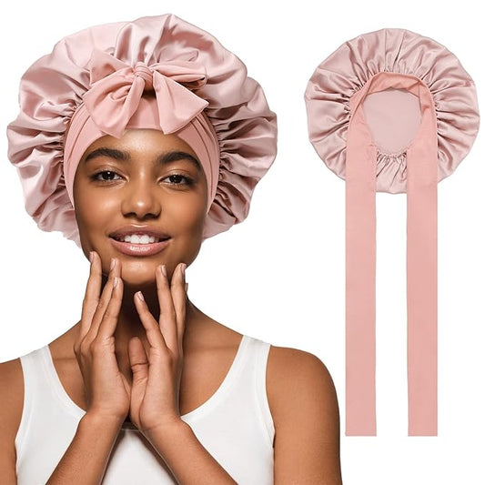 Satin Hair Bonnet with Wide Band Silk Sleeping Bonnets Hair Wrap for Women Girls Night Cap with Tie Band Satin Bonnet (Light Pink)