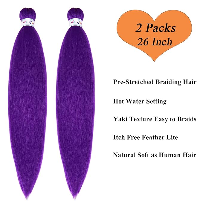 Long Purple Braiding Hair Pre Stretched kids Purple Hair Extensions for Braids, 26 inch Synthetic Braiding hair for Stage Party Halloween Costume Cosplay Crochet Non Toxic Prestretched Braiding Hair