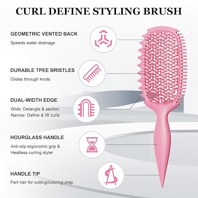 Curl Defining Brush for Thick Coily Hair, Firm-Bristle TPEE Detangling Brush for Coarse 4A–4C Curls, Dual-Sided Wide & Narrow Tooth Brush for Wet & Dry Curl Shaping– Women & Men (2054-Pastel Pink)