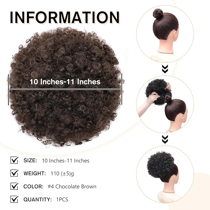 AISI QUEENS Afro Puff Drawstring Ponytail Synthetic Short Afro Kinkys Curly Afro Bun Extension Medium Brown Hairpieces for Women Girls (4#)