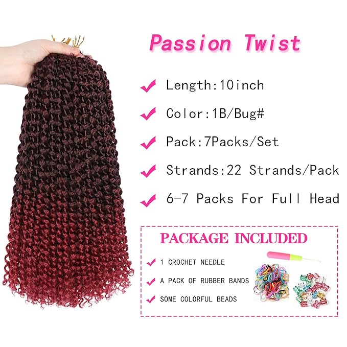 Short Passion Twist Hair,10 Inch Water Wave Crochet Hair For Women Passion Twist Crochet Hair Ombre Burgundy Passion Twists Braiding Hair Synthetic Curly Braiding Hair (10 Inch (Pack of 7),1B/Bug)