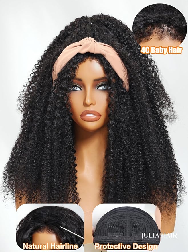 Julia Hair Afro Kinky Curly Half Wigs Human Hair 4C Blend Edges Hairline with Drawstring 3 In 1 Flip Over Clip in Glueless Beginner Friendly Headband Curly 3/4 Half Wig for Women 18 Inch