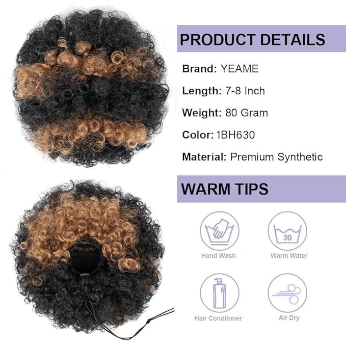 YEAME Afro Puff Drawstring Ponytail for Black Women, Short Kinky Curly Afro Ponytail Synthetic Hair Puffs, Premium Ombre Brown Afro Bun Drawstring Ponytail for Women Girls (1BH630 Ombre Brown)