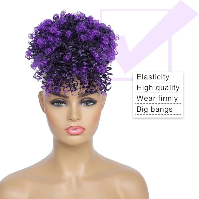 ENTRANCED STYLES Drawstring Ponytail with Bangs Afro Puff Ponytail Extensions for Women Short Curly Puff Ponytail with Bangs Clip in Wrap Updo Hairpiece(Tpurple)