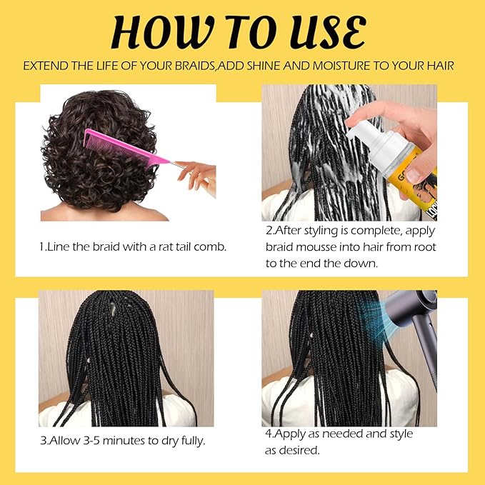 Braid Foam Control Mousse Braiding Hair Mousse for Braids Twist, Locs, No Flake Extra Hold High Shine Style and Moisturizes, Lightweight, Smooth, No Flake Easy to Apply (4pcs)