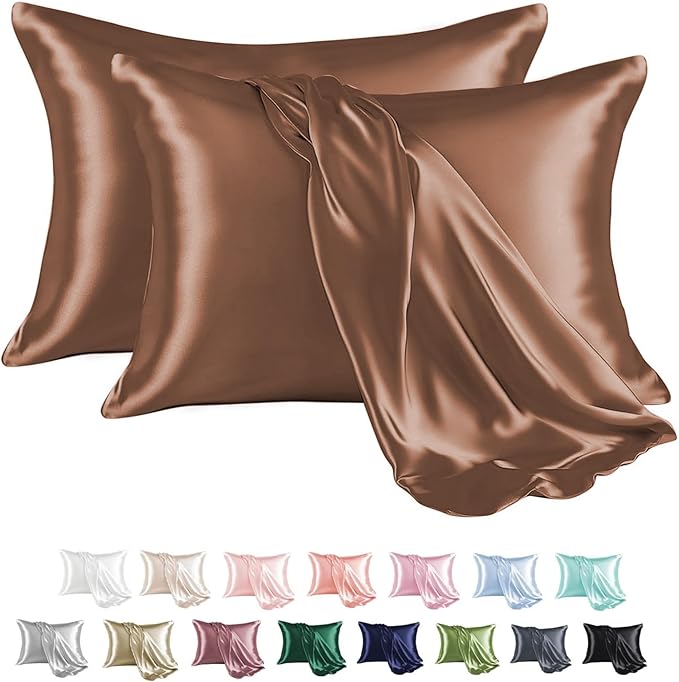 MR&HM Satin Pillowcase for Hair and Skin, Silk Satin Pillowcase 2 Pack, King Size Pillow Cases Set of 2, Silky Pillow Cover with Envelope Closure (20x36, Mocha Mousse)