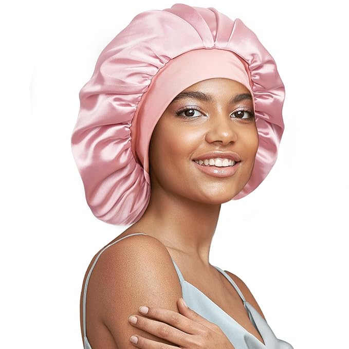 22 Momme 100% Real Mulberry Silk Bonnet for Sleeping Women, Large Hair Care Bonnet for Long Curly Hair, Double Layer Silk Hair Wrap with Soft Elastic Band, Non-Slip Sleep Cap, Light Pink