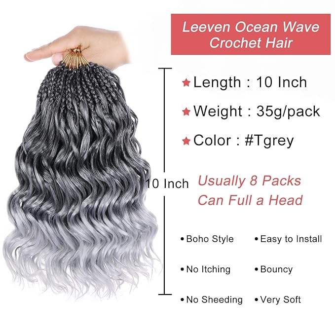 Leeven 10 Inch Pre Looped Curly Crochet Hair 8 Packs Ombre Gray Boho Ocean Wave Crochet Hair Short Ocean Braids Pre Twisted Synthetic Deep Wavy Crochet Hair for Women