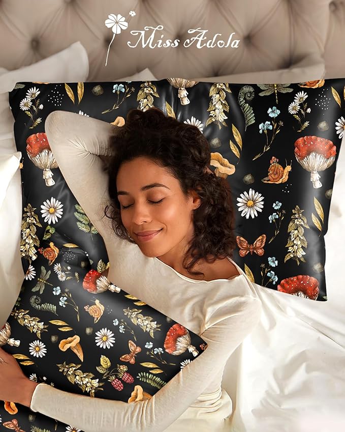 Silk Pillowcase 2 Pack - Pillow Cases 20" x 30" Queen Size Set of 2 for Hair and Skin Smooth Soft Breathable with Hidden Zipper Cooling Pillow Covers for Sleeping,Mushroom Plants