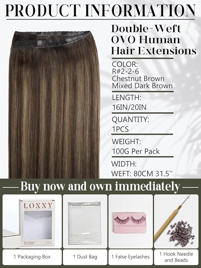LOXXY OVO Butterfly Weft Hair Extensions Real Human Hair - 16 Inch 100g Invisible Darkest Brown to Chestnut Brown Highlights - Double Weft Bead in Hair Extensions, PU Hole Twin Tab Width 31.5"(80cm)