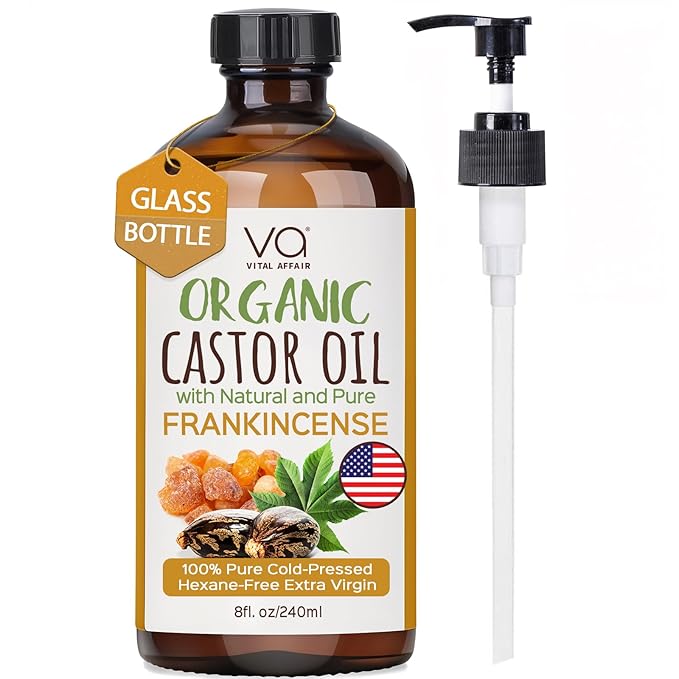 VITAL AFFAIR Organic Castor & Frankincense Oil Blend - 100% Pure and Natural, Cold Pressed, Unrefined Glass Bottle Castor and Frankincense Oil For Face & Hair Growth - 8oz