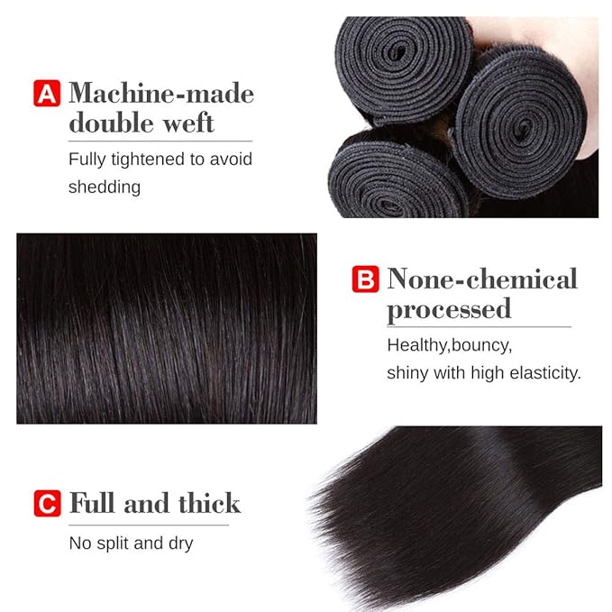 Straight Human Hair Bundles 100% Unprocessed Brazilian Straight Virgin Human Hair 4 Bundles Human Hair Extensions Natural Black Color(10 10 10 10)
