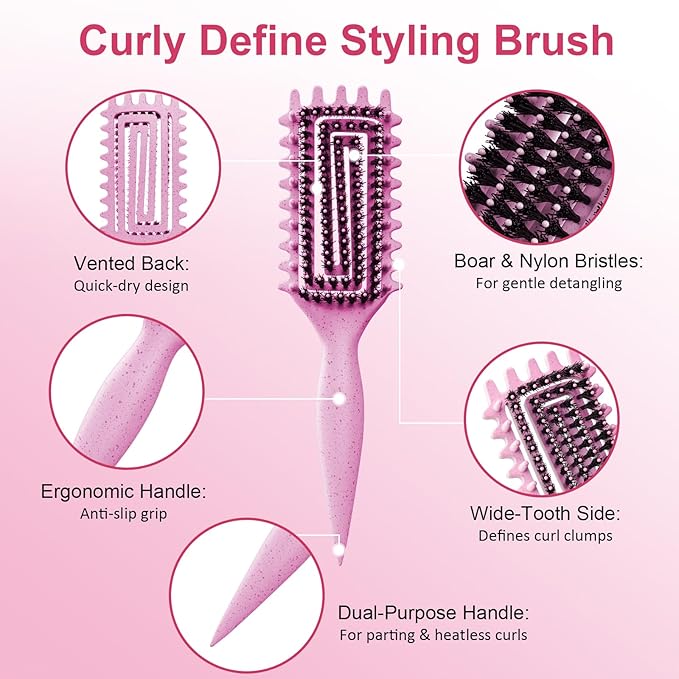 Curly Hair Brush, Curl Defining Brush with Soft Boar Bristles Detangling Tangled Glides, Wide-Teeth Design Effortlessly Shaping & Defining Curls, Curling Definer for Wet & Dry Hair (Pink)
