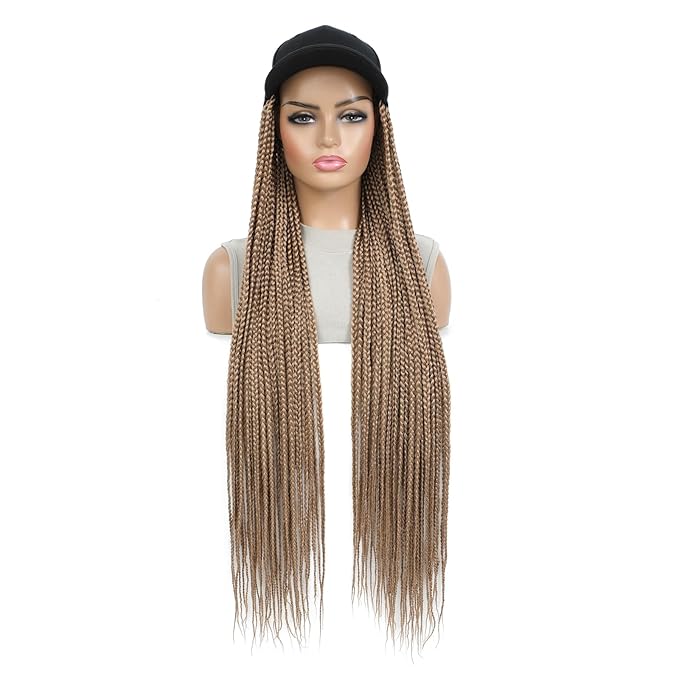 Braided Baseball Cap Wig Box Braid Hair Extensions with Hat golden brown Cap Wig with 30inch Long Synthetic Braiding Hair for Women (30in-27)