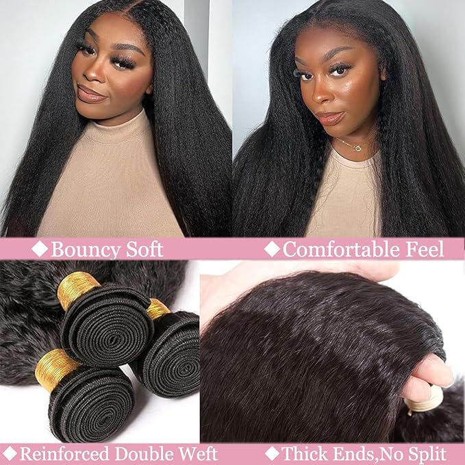 Kinky Straight Bundles Human Hair 28 Inch Yaki Straight Bundles Real Human Hair 100% Unprocessed Brazilian Deals Kinkycurly Hair Extensions Single Bundle, Style Keep Texture Silky Soft Natural Black