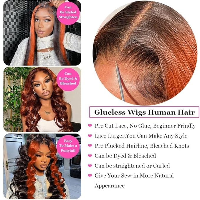 200% Density Wear And Go 9x6 Glueless Wigs Human Hair Pre Plucked Pre Cut For Beginners Ginger Body Wave Lace Front Wigs Human Hair For Black Women HD Lace Closure Colored Glueless Wig(30 INCH)