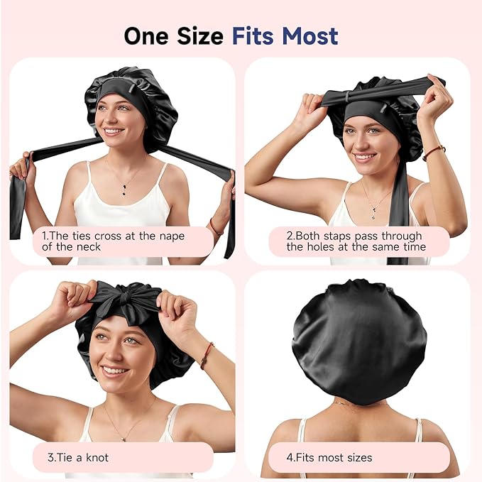 Umisleep Silk Bonnet, Soft Hair Bonnet for Sleeping, Real Mulberry Silk Lining, Bonnets for Women Hair Care, Double Layer Hair Cap with Tie, Large Silk Hair Wrap for Curly Long Hair, Black