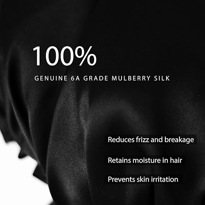 SissiLita 100% Silk Bonnet for Sleeping With Tie Band, Large Sleep Cap for Curly Hair, Wrap for Hair Care - Rich Black