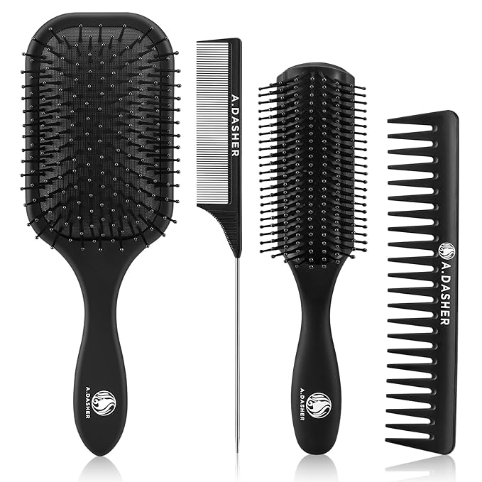 4Pcs Paddle Hair Brush Set, Detangler Brush and comb-Detangling Hairbrush for Wet Dry Long Thick Thin Curly Natural Hair(Black)