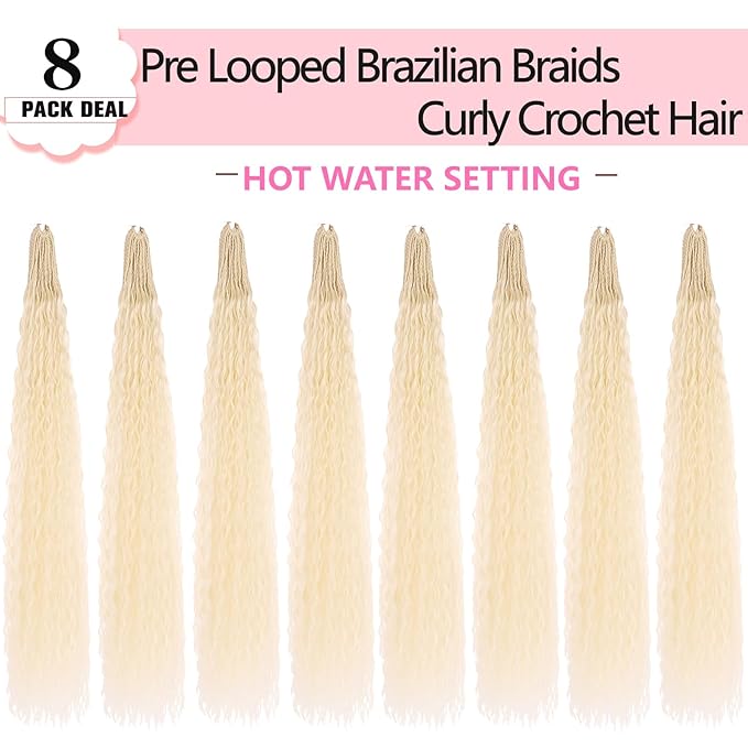 Xtrend 24 Inch Pre looped Brazilian Braids Curly Crochet Hair 8 Packs Water Wave Crochet Hair Afro Kinky Curly Blond Braiding Hair Deep Wave Synthetic Mini Boho Braids For Women(30 Strands/Pack，613#)