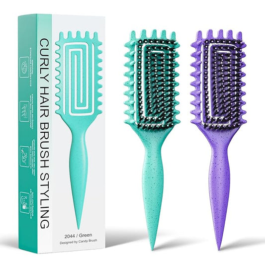 2-Pack Curly Hair Brush, Curl Defining Brush with Soft Boar Bristles Detangling Tangled Glides,Wide-Teeth Design Effortlessly Shaping & Defining Curls,Curling Definer for Wet & Dry Hair (Green Purple)