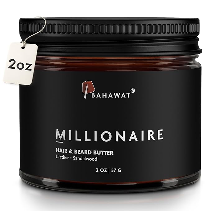 BAHAWAT Hair & Beard Butter for Men Leave-in Conditioner - Leather & Sandalwood scent - Strengthen & Soften– Made in USA -Organic Natural Ingredients | The Best Beard Butter - 2 oz.