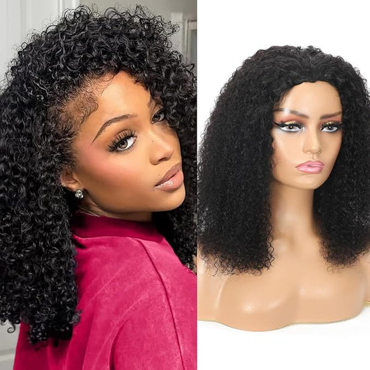 Glueless Half Wigs Human Hair Jerry-Curly Headband Wig Upgrade 3 In 1 Half Wig With Drawstring Seamless Clip Ins Flip Over 200 Density Curly Human Hair Wig For Black Women 16 Inch