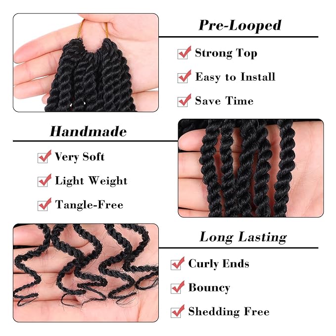 Leeven 10 Inch Wavy Senegalese Twist Crochet Hair with Curly Ends 8 Packs Black Short Pre Looped Crochet Braids Small Hanava Twist Synthetic Middle Crochet Twist for Women Girl Kids