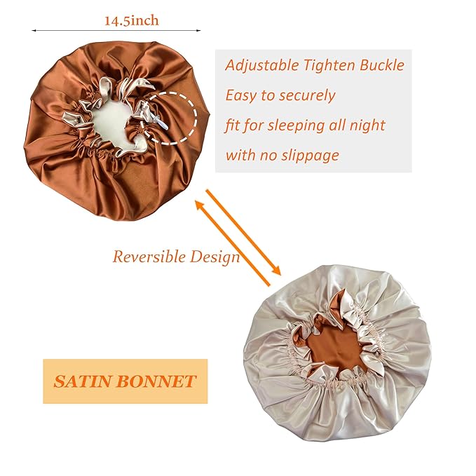 Silk Bonnet for Sleeping Satin Bonnets Double Layer Reversible Hair Cap Bonnet for Women Long Curly Braid Hair (Copper)