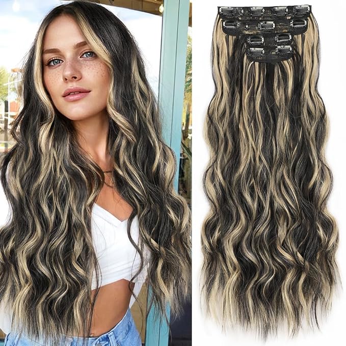 ALXNAN Clip in Long Wavy Synthetic Hair Extension 24 Inch Black with Blonde Highlights 4PCS Thick Hairpieces Fiber Double Weft Hair for Women