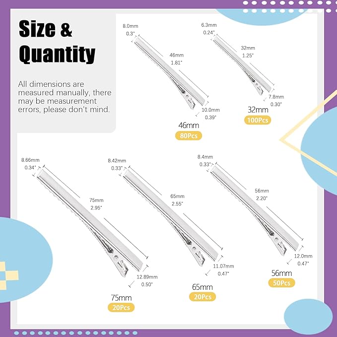 Swpeet 270Pcs 5 Sizes Alligator Hair Clips Assortment Kit, for Metal Duck Bill Hair Clips Flat Top Single Prong Hairpins for Hair Styling DIY Accessories