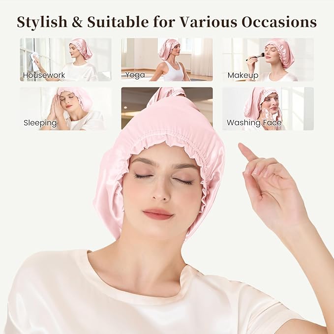 THXSILK 100% Mulberry Silk Bonnet for Sleeping Women, Silk Bonnet with Elastic Band, Hair Wrap Cap for Women Curly Hair, Pink
