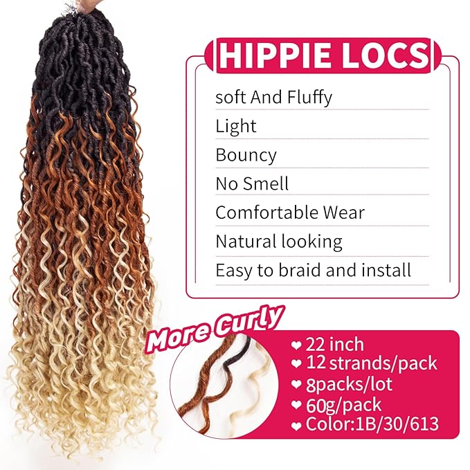 8Packs Goddess Locs Crochet Hair 22Inch Boho Faux Locs,Crochet Locs With Curly Ends River Hippie Locs Bohemian Locs Crochet Hair(1B/30/613, 22inch(Pack of 8))