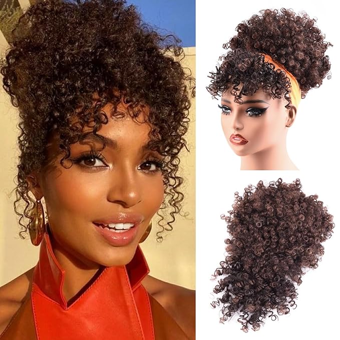 Afro Puff Jerry Curls Afro Puff Non Drawstring Ponytail with bangs Synthetic Fauxhawks Short Afro Puff Kinky Curly