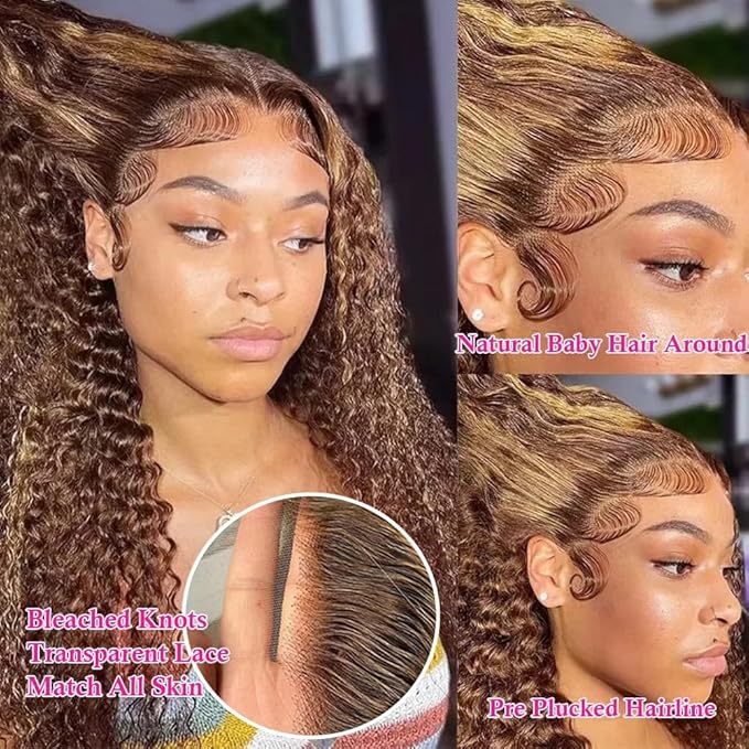 28Inch 13x4 Highlight Ombre Deep Wave Lace Front Wigs Human Hair Pre Plucked 4/27 Honey Blonde Deep Wave Human Hair Wigs for Women 250% Density