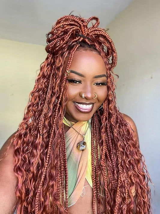 Reddish Brown Goddess Box Braids Crochet Hair 24 Inch 7 Packs Boho Crochet Braids Pre Looped Bohemian Gypsy Braids Crochet Hair for Women Braiding Hair Extensions