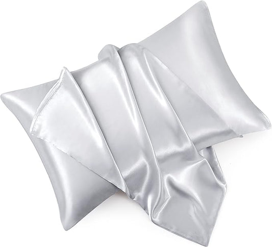 King Size Satin Pillowcase Set of 2 with Envelope Closure,Light Gray Silk Pillowcase for Hair and Skin (20x36)