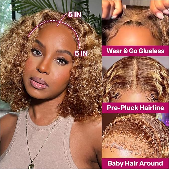 Curly Bob Wig Human Hair Deep Wave Glueless Wigs Human Hair Pre Plucked Pre Cut 5x5 Wear And Go HD Lace Closure Wigs Human Hair For Black Women 200% Density Highlight Color 12 Inch