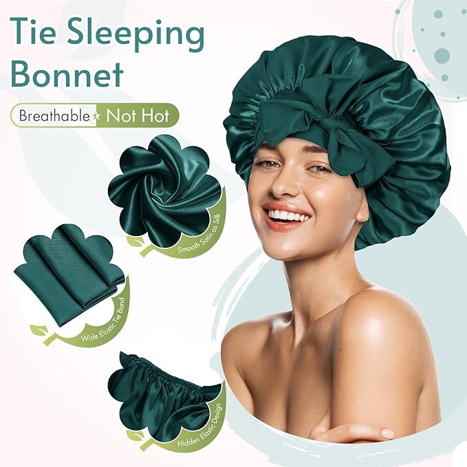 BONNET QUEEN Silk Bonnet for Sleeping Women Satin Bonnet Night Sleep Cap Wrap for Curly Hair with Adjustable Tie Band, Darkish Green