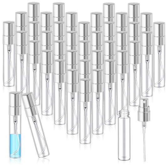 Zhehao 50 Pcs Mini Spray Bottles 5 ml Clear Glass Perfume Bottles Refillable Fine Mist Perfume Atomizer Portable Empty Sample Containers for Cleaning, Essential Oils, Travel (Silver Cap)