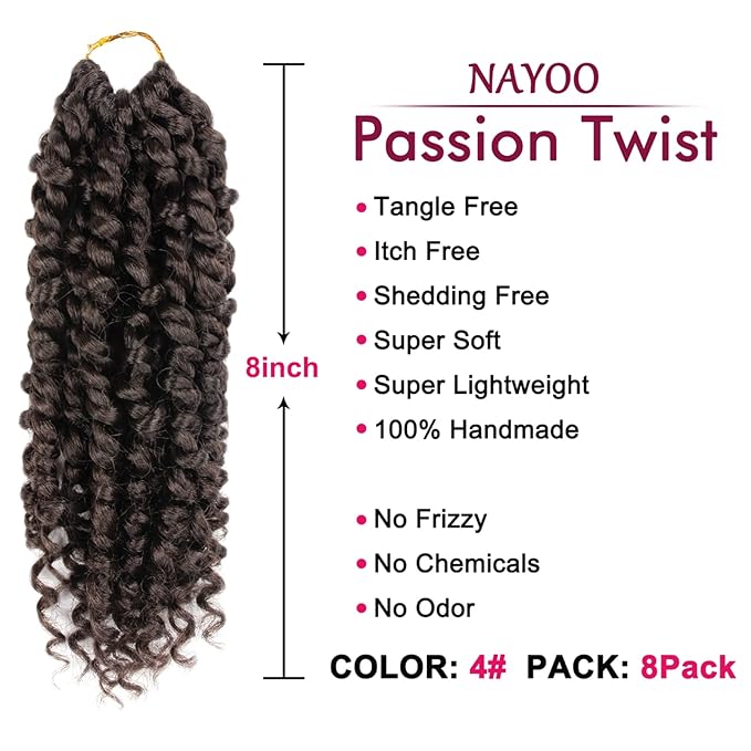 Passion Twist Hair For Kids - 8 Packs 8 Inch Passion Twist Crochet Hair For Black Women, Crochet Pretwisted Curly Hair Passion Twists Synthetic Braiding Hair Extensions(8 Inch 8 Packs, #4)