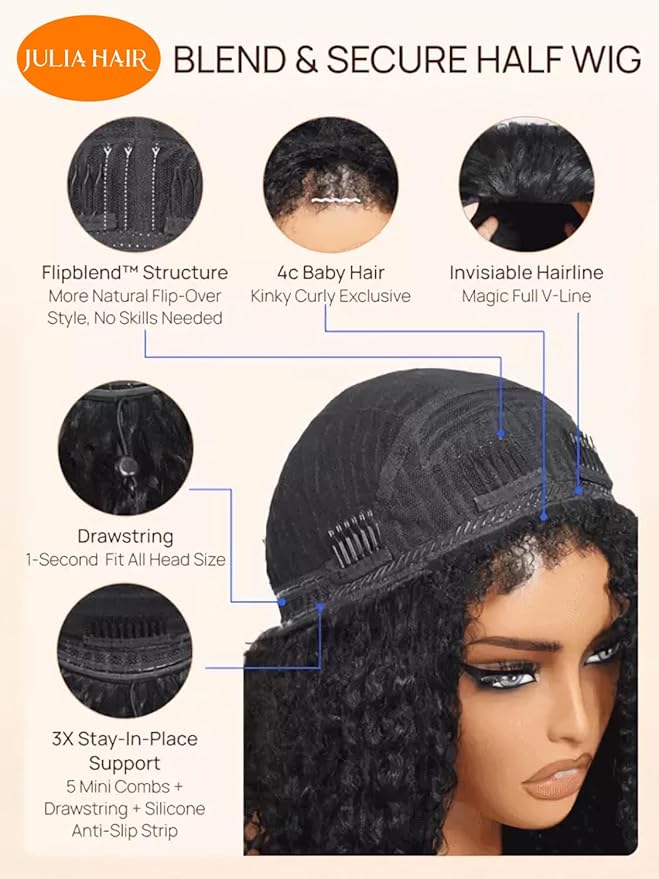 Julia Hair Afro Kinky Curly Half Wigs Human Hair 4C Blend Edges Hairline with Drawstring 3 In 1 Flip Over Clip in Glueless Beginner Friendly Headband Curly 3/4 Half Wig for Women 24 Inch