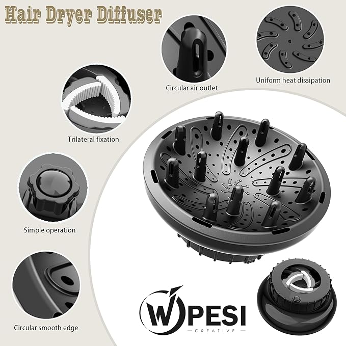Diffuser Attachment for Hair Dryer,Hair Dryer Diffuser, Hair Diffuser Adaptable for Blow Dryers with D-1.4-Inch to 2.4-Inch for Curly or Wavy Hair,(Black)