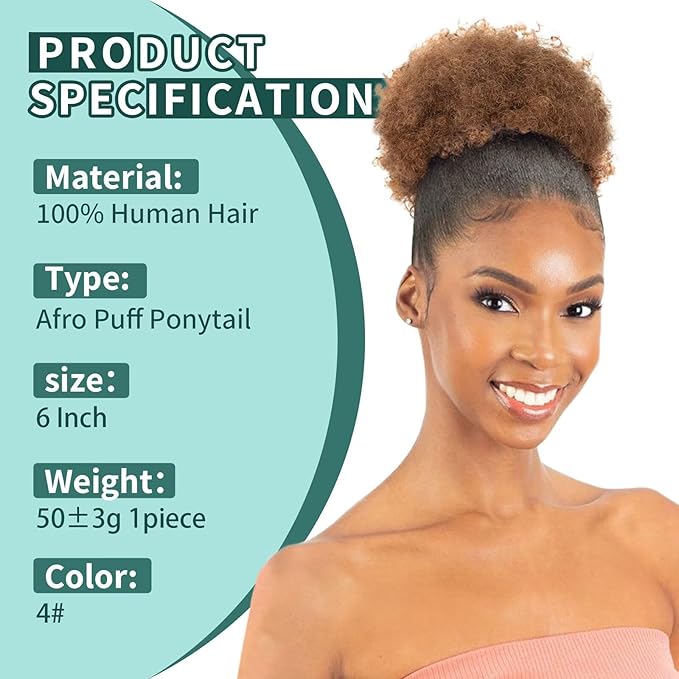 Afro Puff Clip On Human hair Drawstring Ponytail for Black Women,Ponytail Extension 6 Inch #4 Medium Brown 50g Short Afro Kinkys Curly Afro Bun Extension Hairpiece